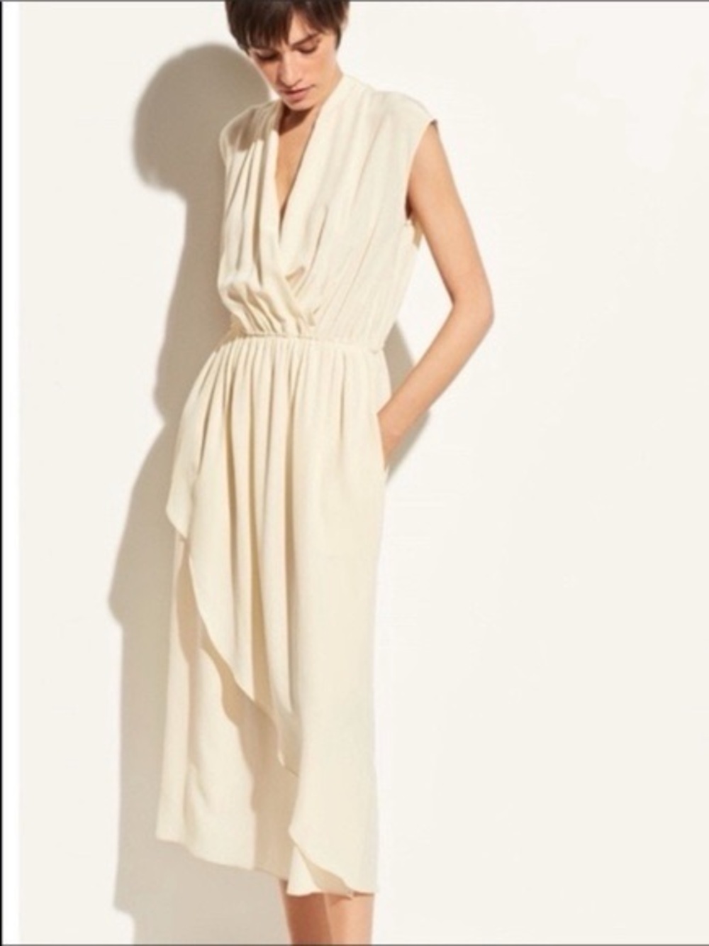 Vince Sleeveless Pleated Satin Faux Wrap Silk Midi Dress in cream size XS